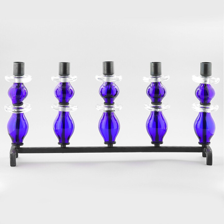 Erik Höglund (1960s) Wrought Iron Candleholder with Blue/Clear Glass Sections 46 cm