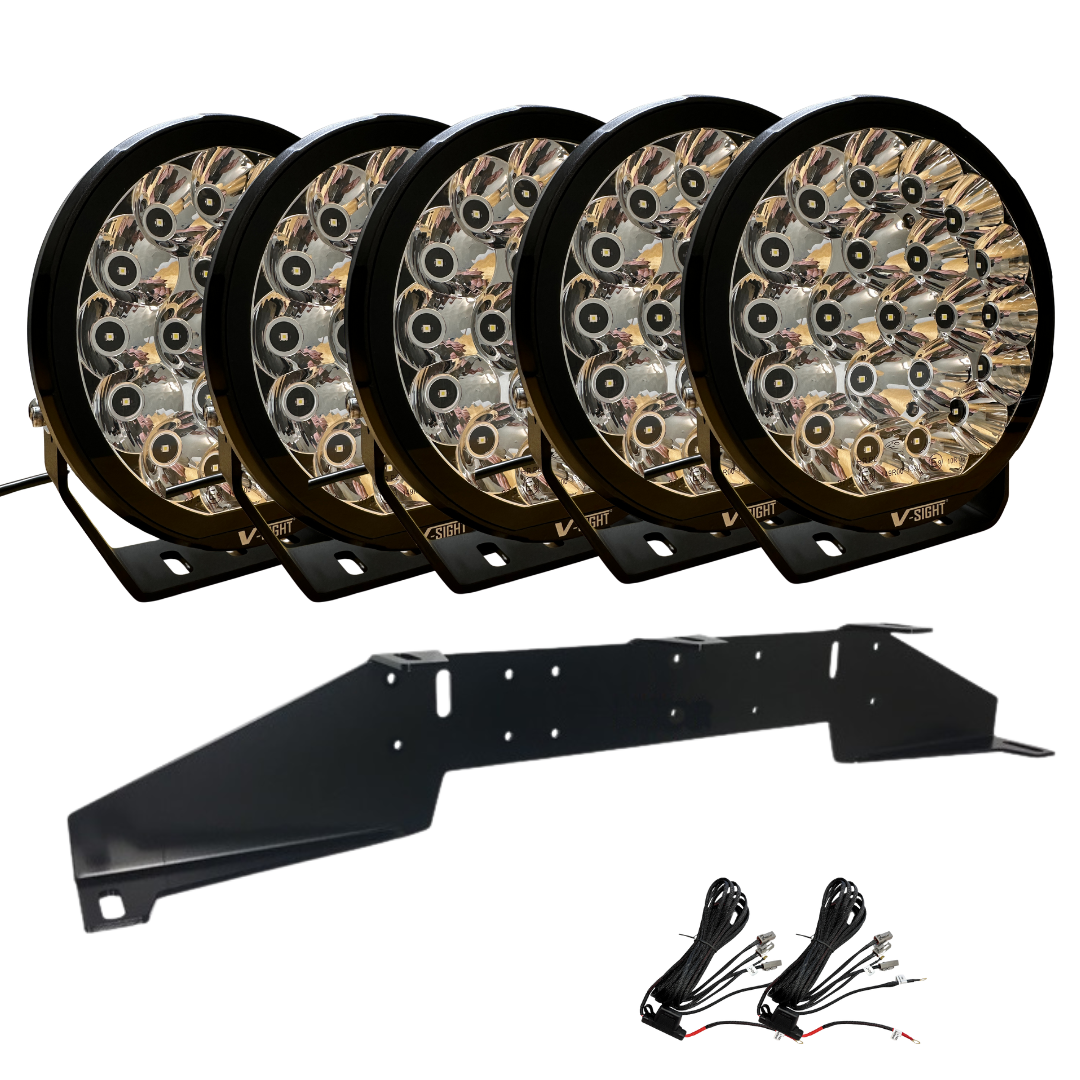 5-Pack V-Sight RAGE 9" LED-Extraljuspaket med rallyfemmahållare och kablage