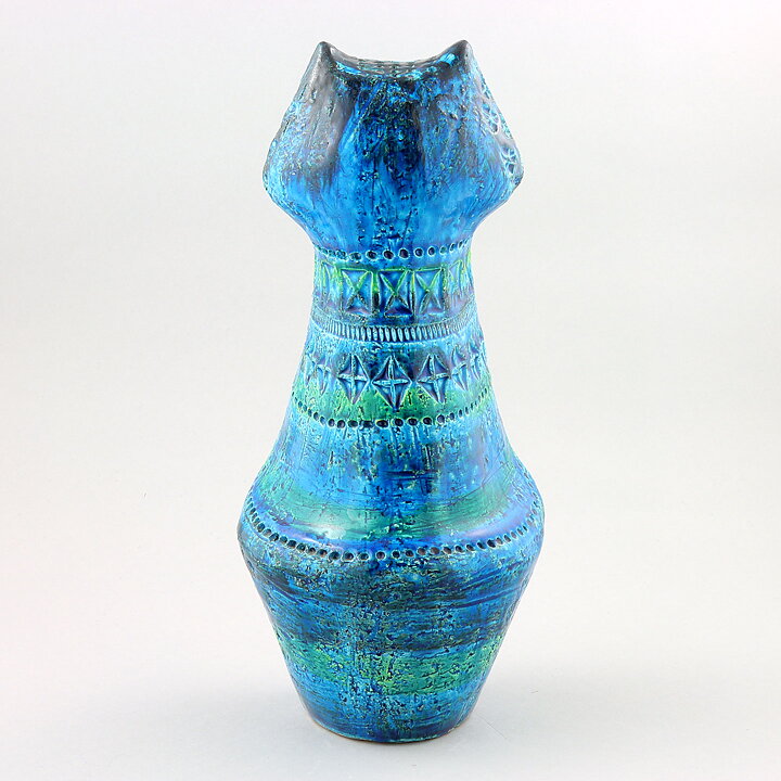 Aldo Londi (Rimini Blu 1957) Turquoise Cat with Incised Decor 31 cm
