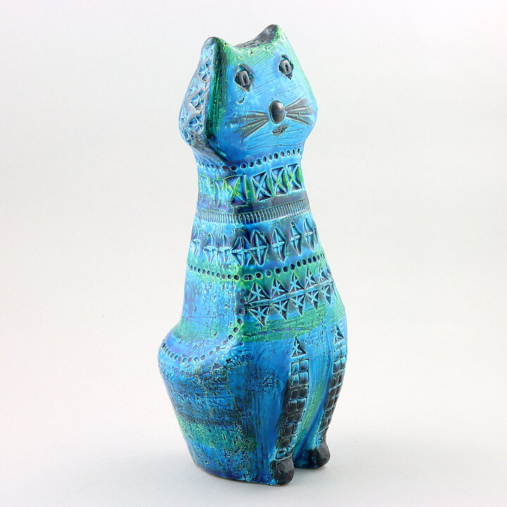 Aldo Londi (Rimini Blu 1957) Turquoise Cat with Incised Decor 31 cm