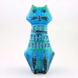 Aldo Londi (Rimini Blu 1957) Turquoise Cat with Incised Decor 31 cm
