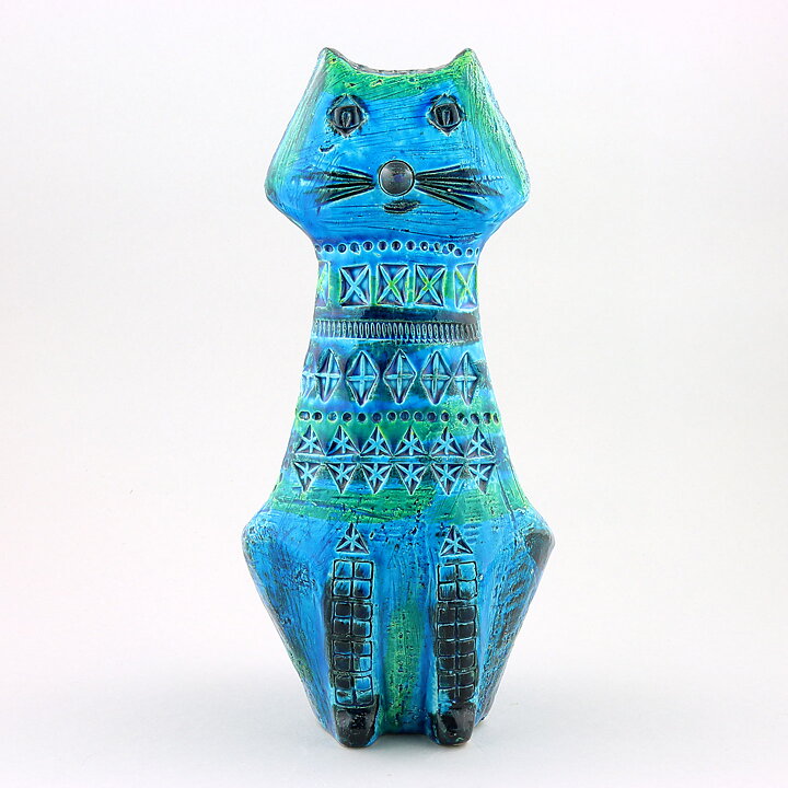 Aldo Londi (Rimini Blu 1957) Turquoise Cat with Incised Decor 31 cm