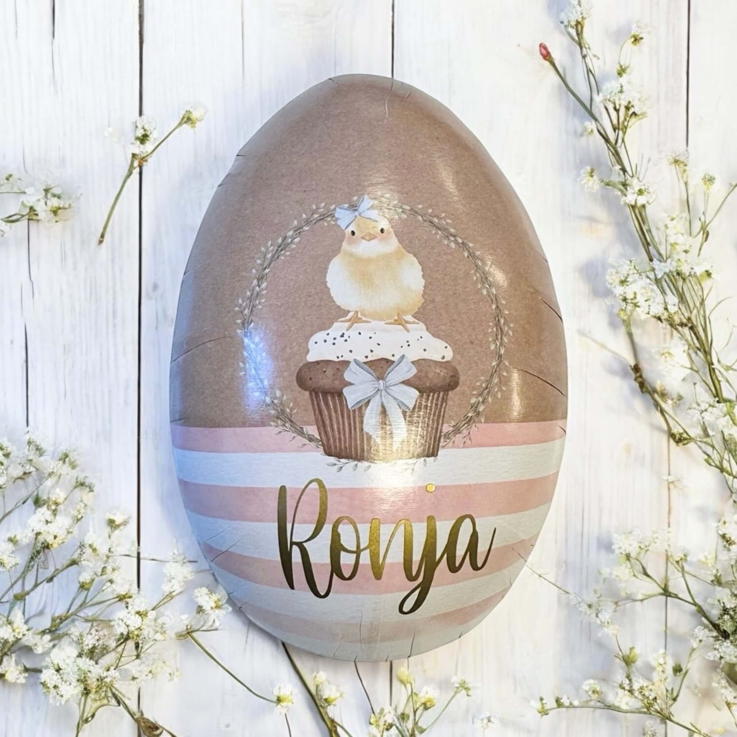 Påskägg med namn - 15 cm - Rosa randig