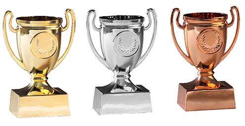 Minipokal 110  mm  - Guld/Silver/Brons - Inklusive jetong och skylt med text