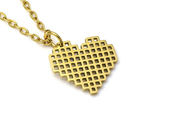 Guld Pixel Hjärta Halsband i Rostfritt Stål, Gyllene Hjärtan Hänge, Kärlek Smycke