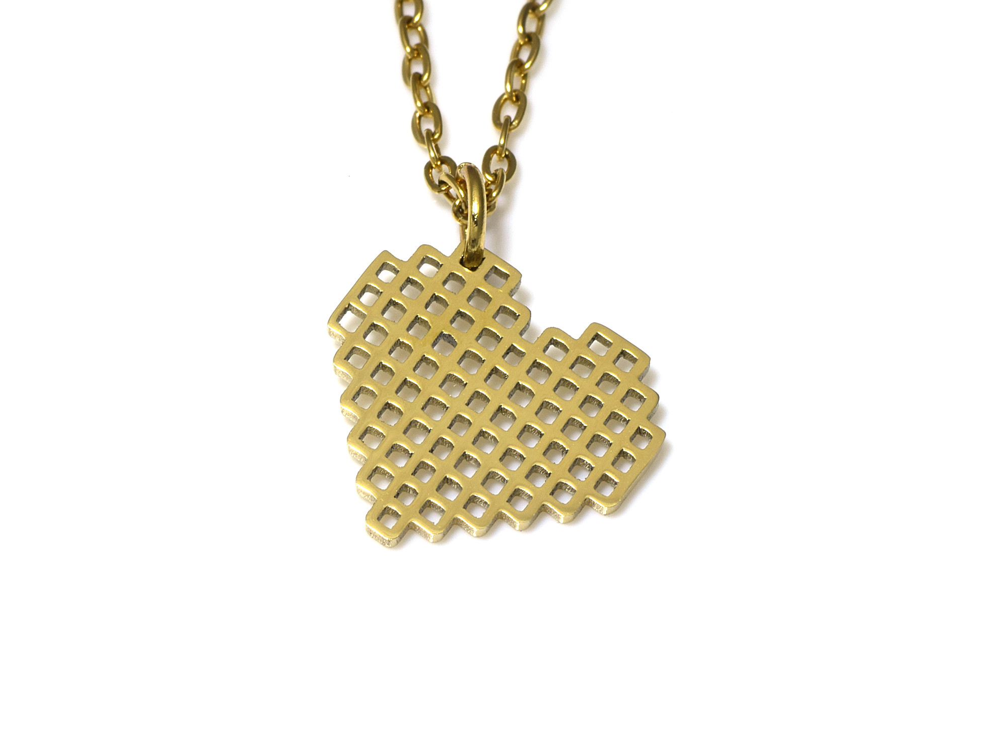Guld Pixel Hjärta Halsband i Rostfritt Stål, Gyllene Hjärtan Hänge, Kärlek Smycke - 2