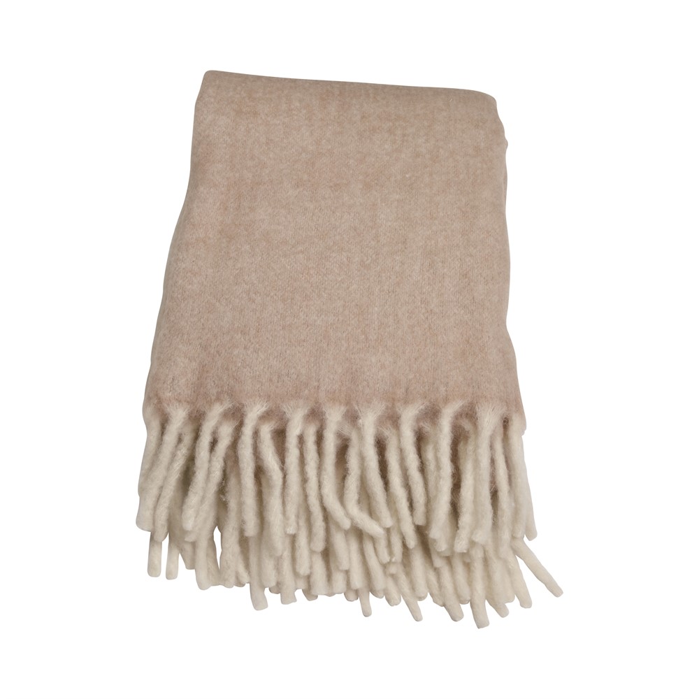 Beige ullpläd med riktigt stora härliga fransar