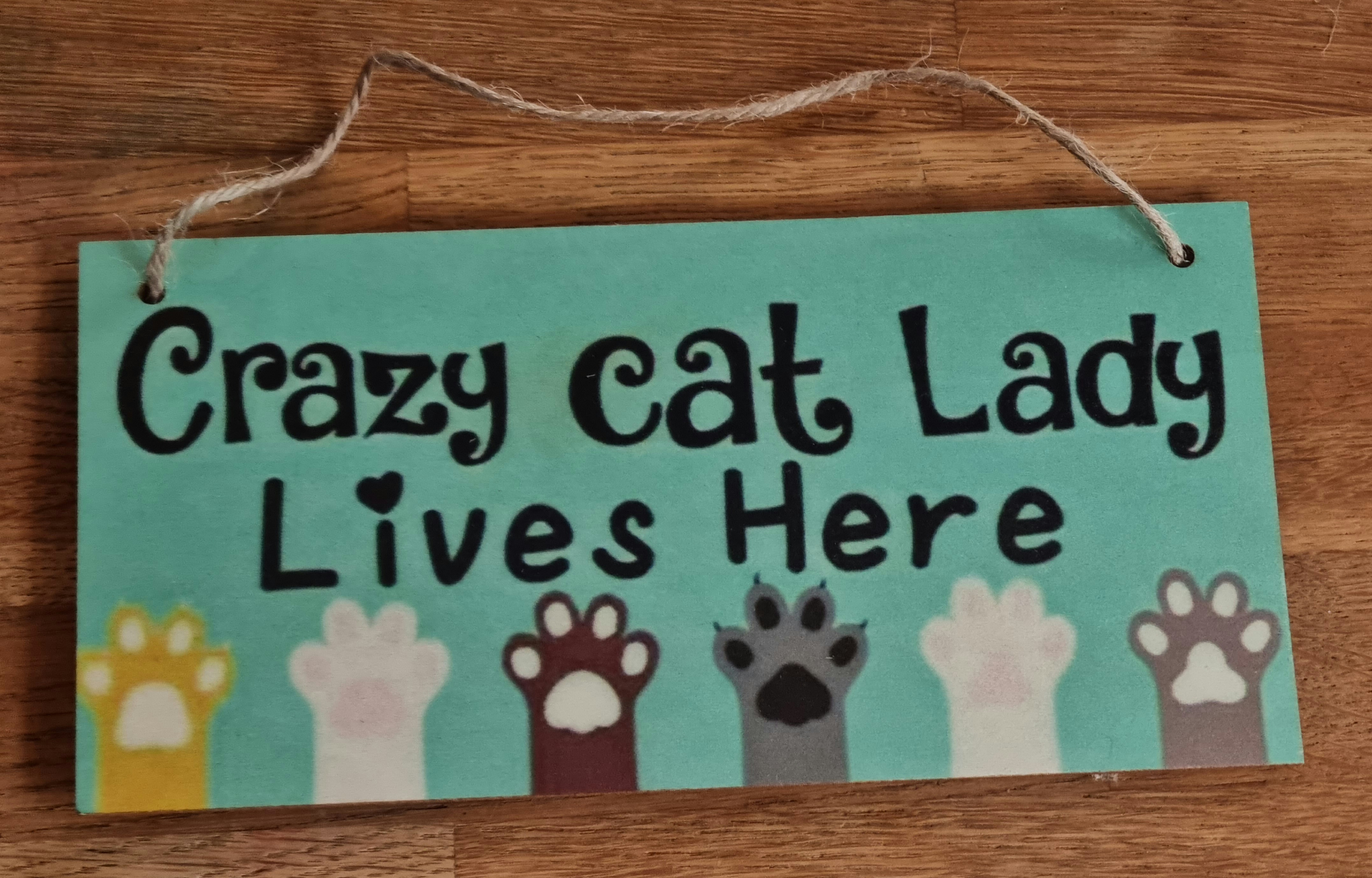 Skylt "Crazy cat lady lives here" Turkos med tassar