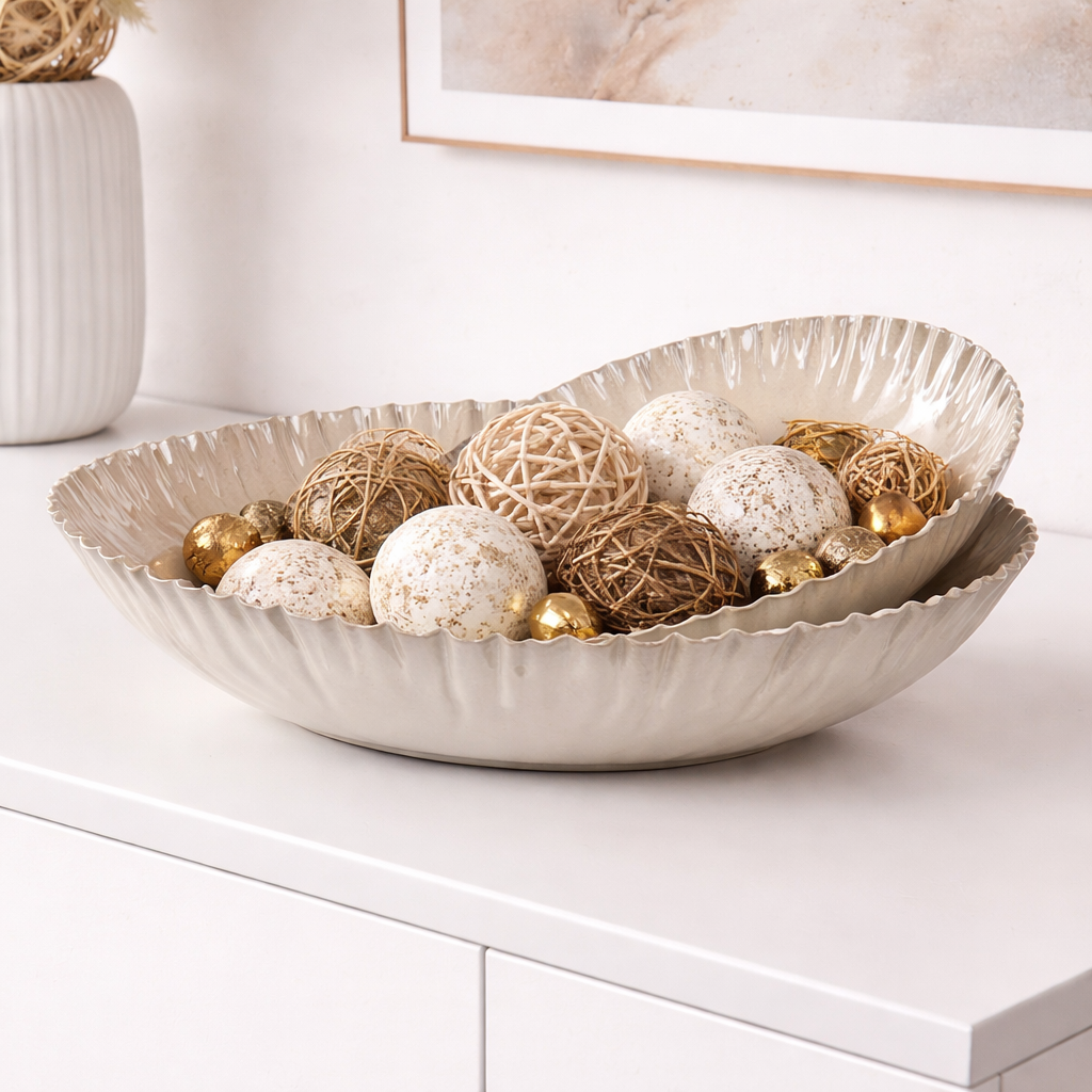 Skål emalj liten 26 cm veckad kant beige