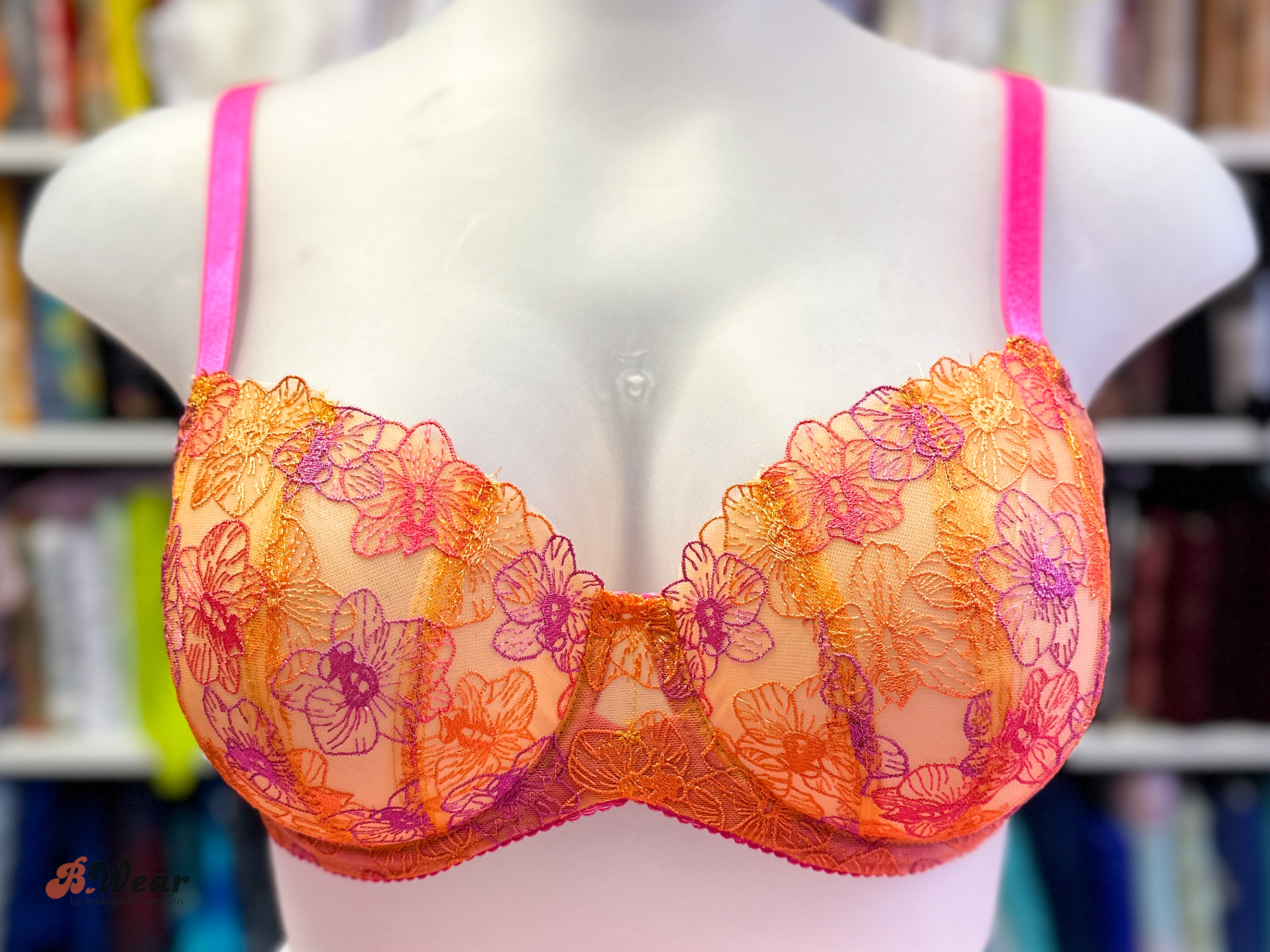 Beautiful non-stretch lace with flowers in orange and fuchsia - 20 cm - 2