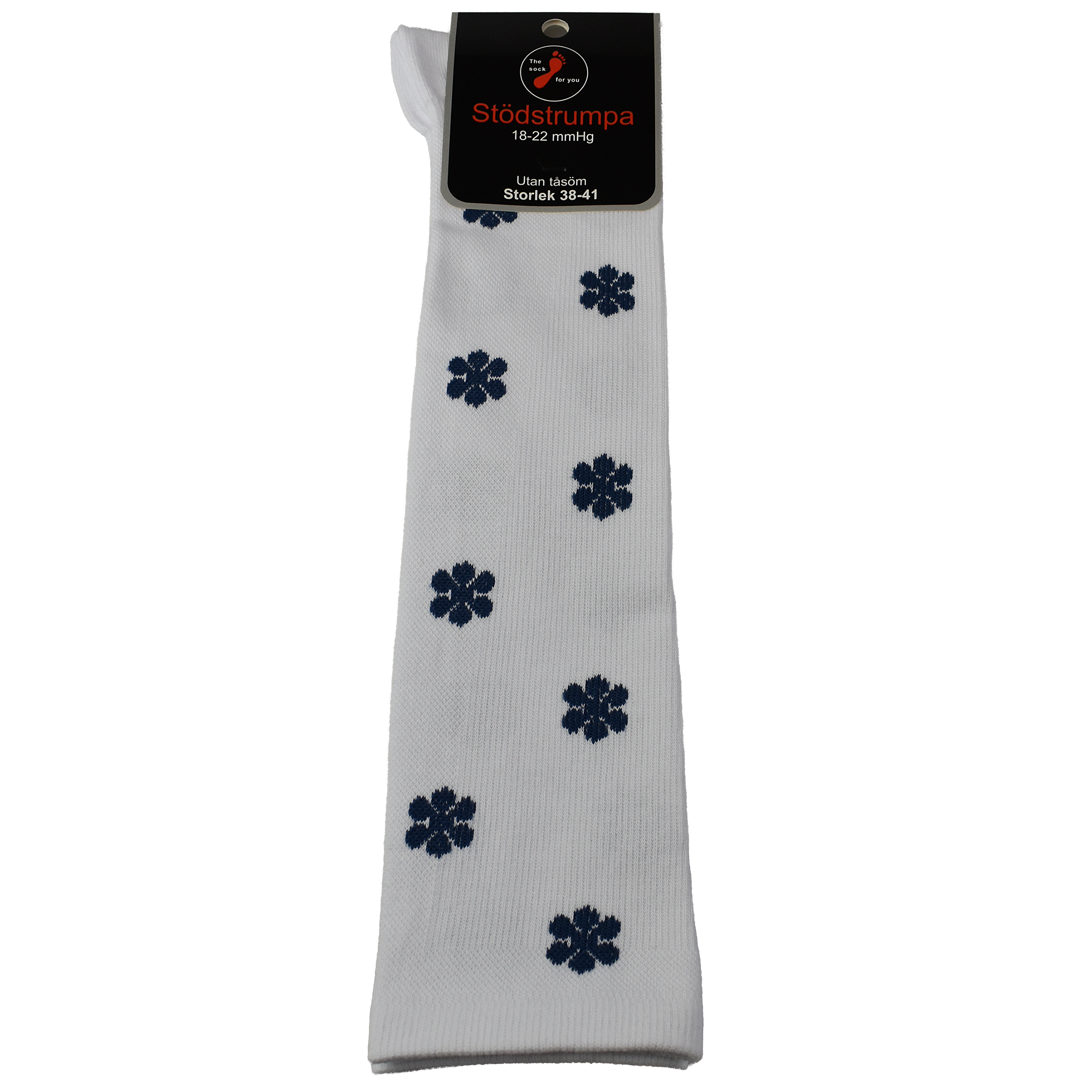 Vit stödstrumpa 18-22mmHg med blomma - 2 par 260 kr - 1 par 140 kr - Utan tåsöm- förstärkt tå och häl - 13