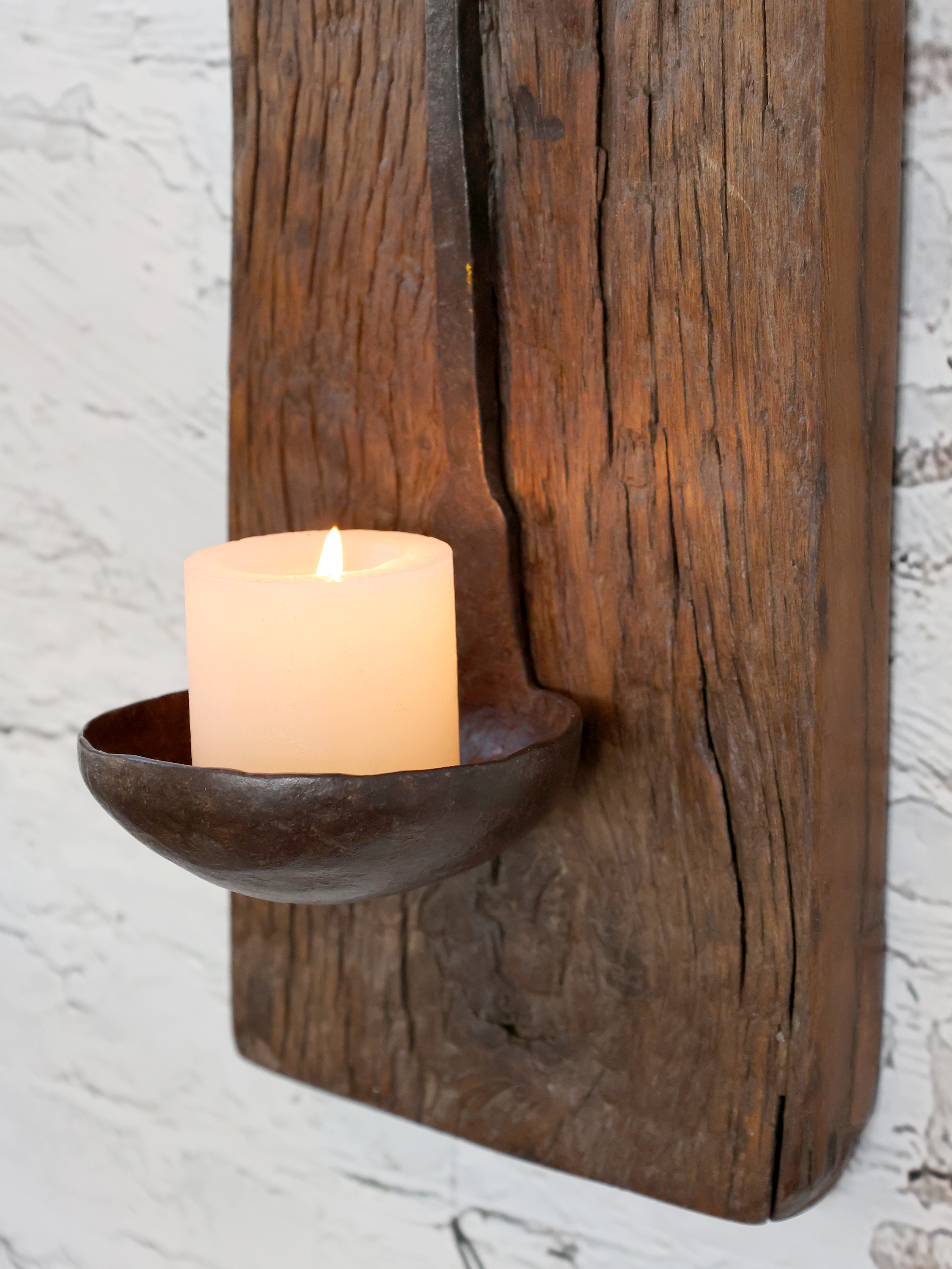 Candle holder - Wall candle holder - Recycled wood - Wrought iron - 46x15 cm - 2