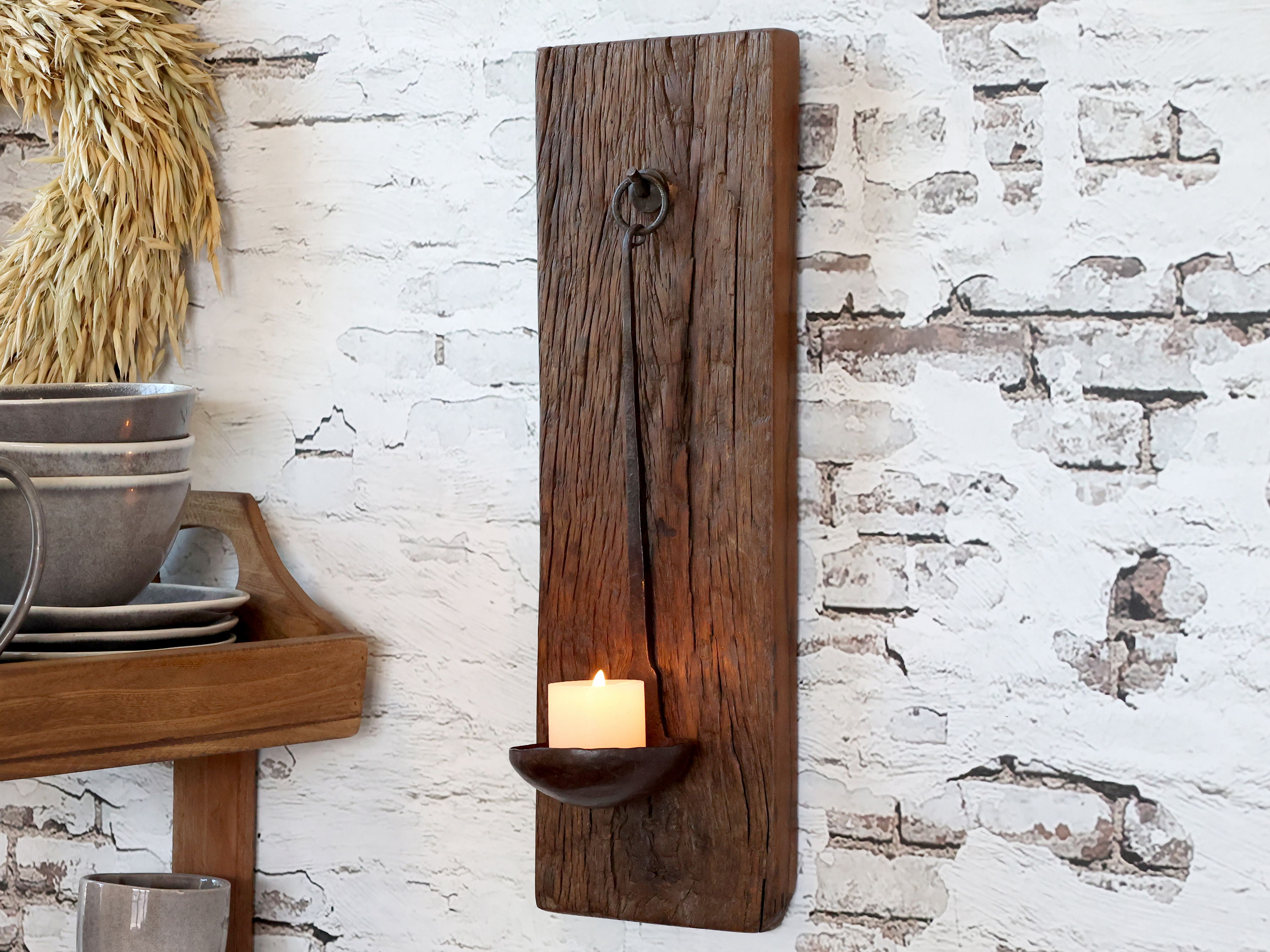 Candle holder - Wall candle holder - Recycled wood - Wrought iron - 46x15 cm - 3