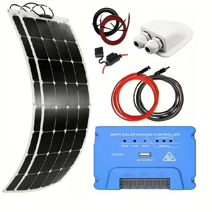 Solpanelspaket Solmax 200W med 2 st. 100W flexibel solpanel och 20A MPPT regulator, 12/24V, husbil - husvagn - båt
