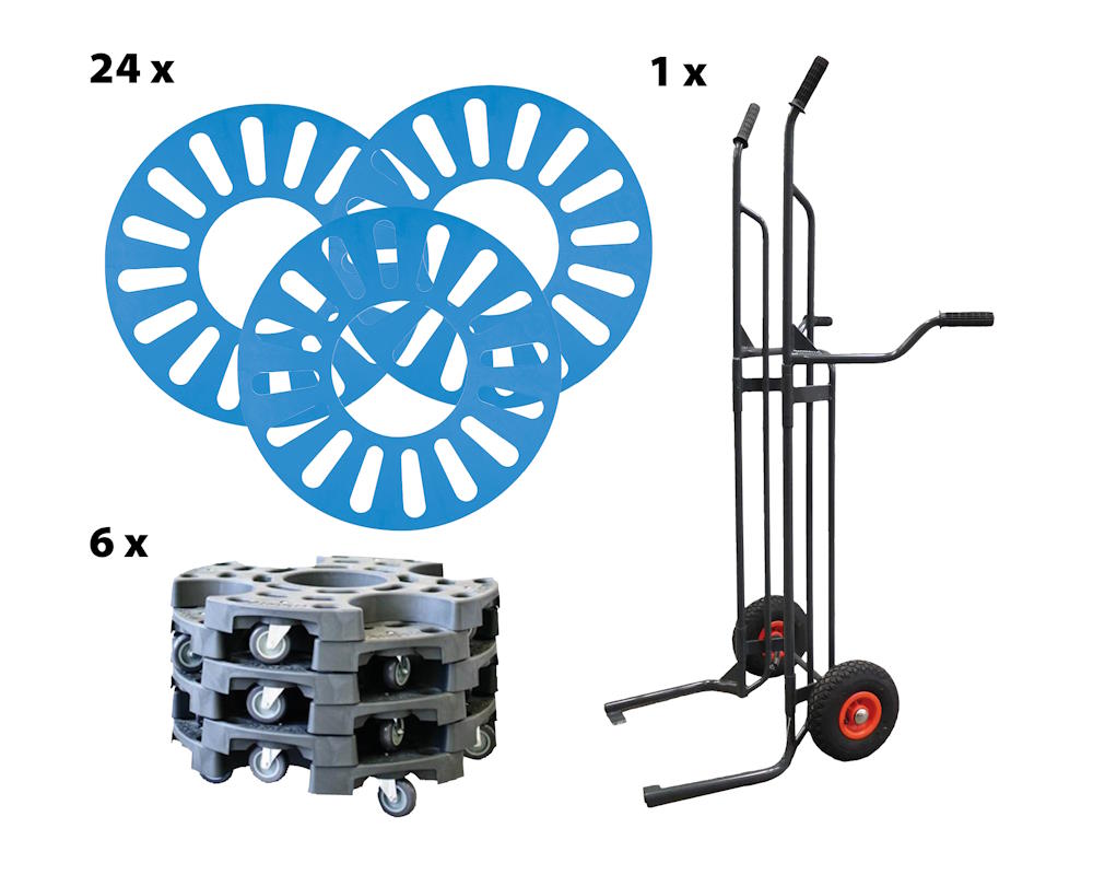 Hjulhanteringspaket, Ahcon Q-line däckkärra, 6 st stapelbar däckvagn, 24 st SafetyDisk