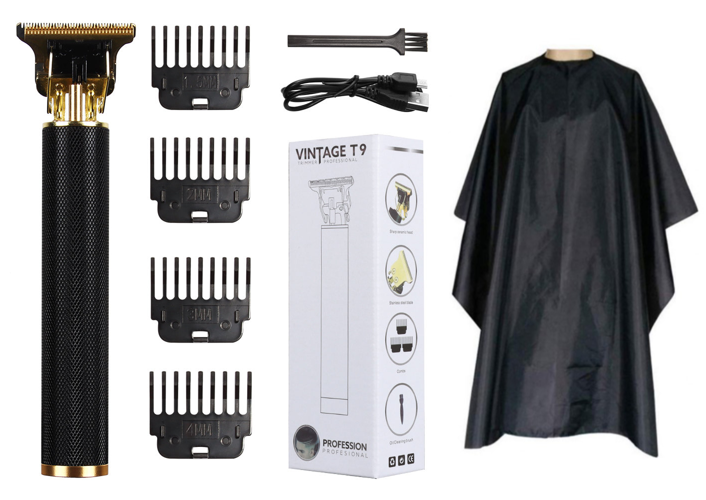 Hair & Beard Trimmer Deluxe Kit + Free Barber Apron - Black
