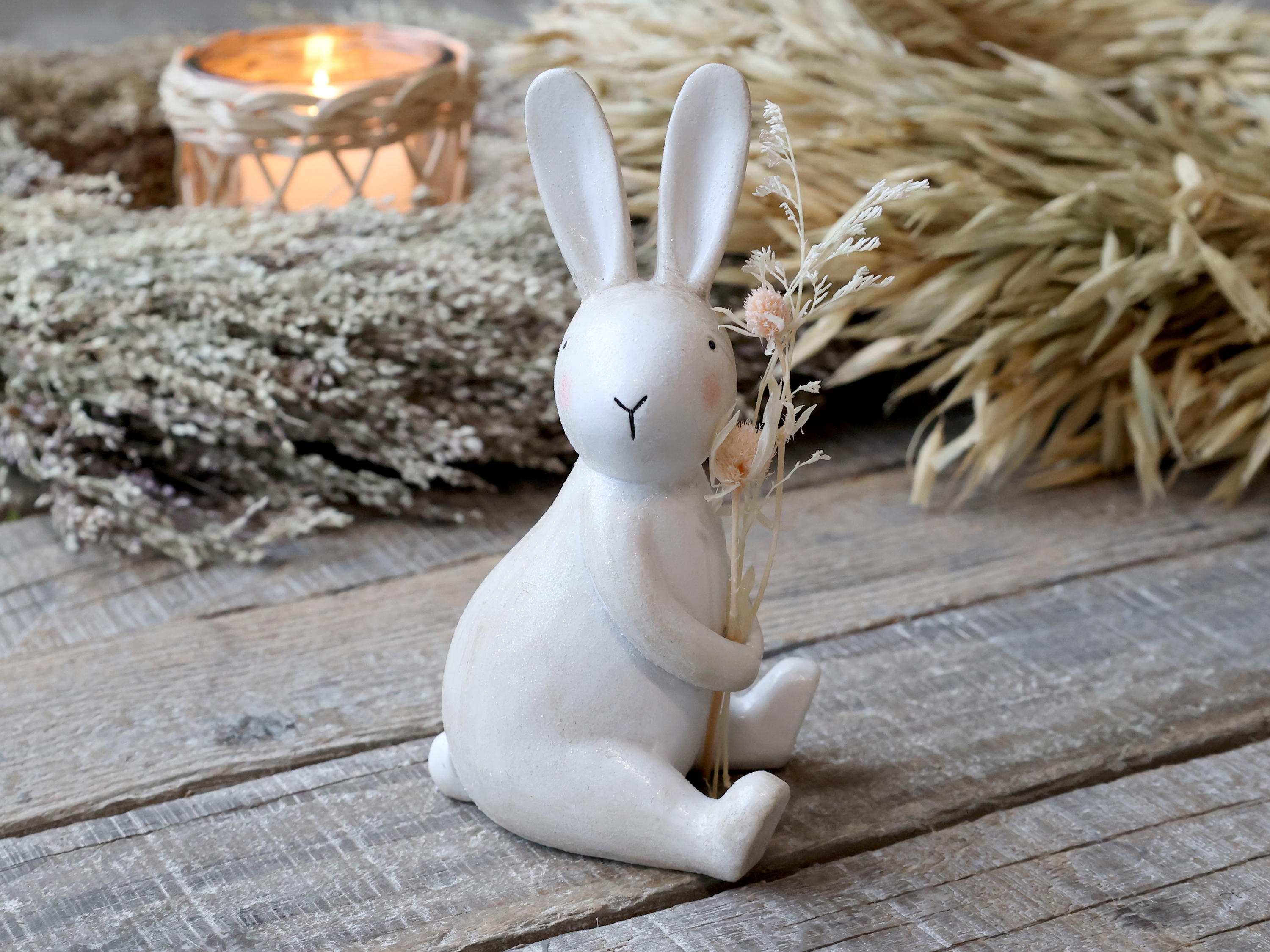 Sitting Rabbit with Flower - Large - Antique Cream - 2