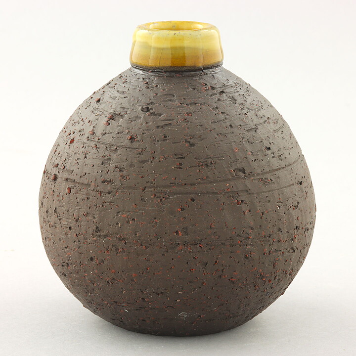 Gunnar Nylund (1959) Brown Swelling Vase with Yellow Top 9 cm