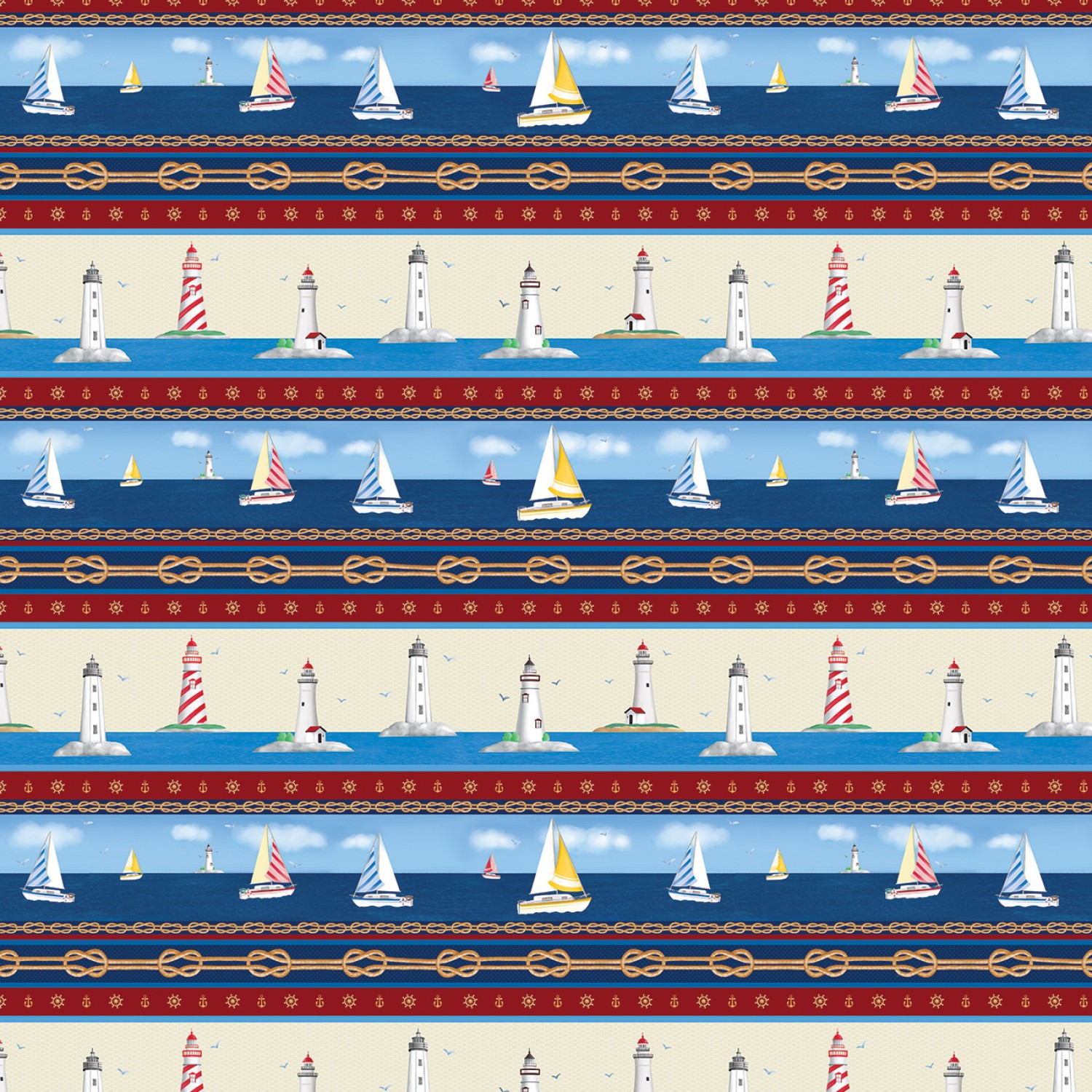 Multi Sail Away Stripe - Sail Away - Bårdtyg m. Fyrar & Segelbåtar