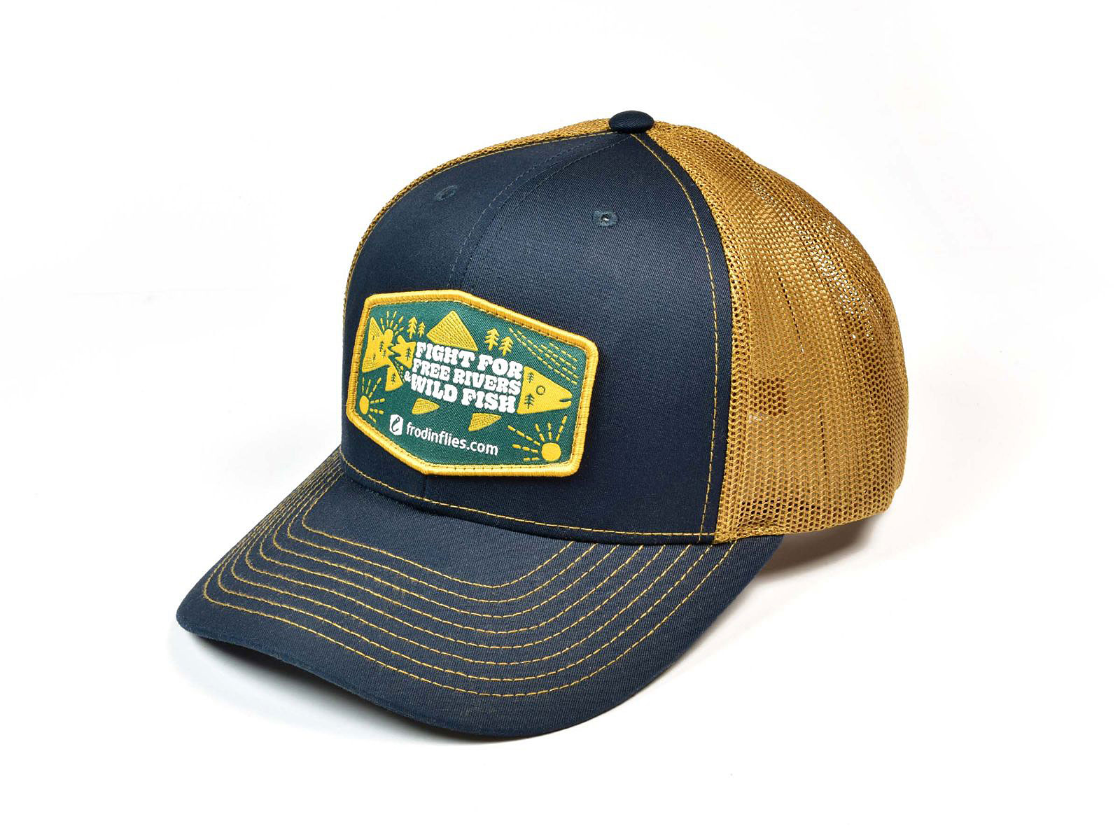 Frödin FREE RIVERS & WILD FISH’ TRUCKER HAT - Navy Blue / Gold