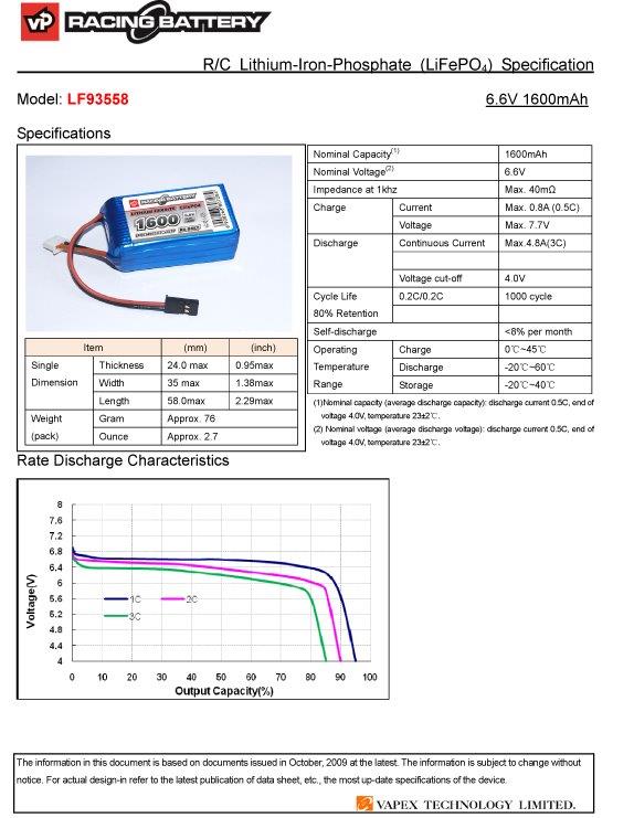 VAPEX Mottagarbatteri Li-Fe 6,6V 1600mAh Kub - 2