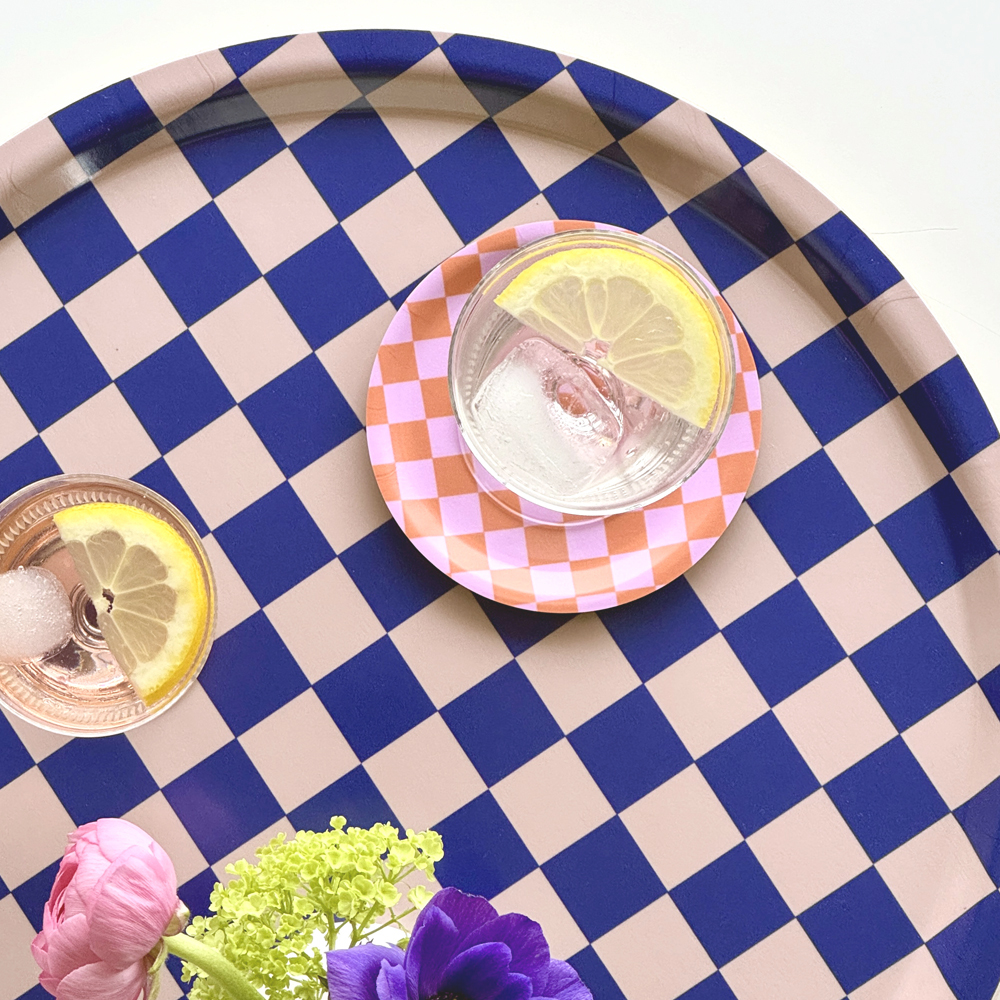 Indigo / Almond  CHECKER Round Serving Tray - 38 cm - 2