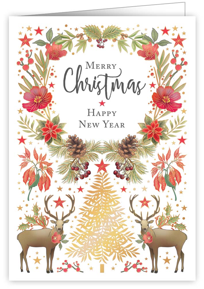 Red Flowers in Christmas Wreath, Xmas, Greeting Card