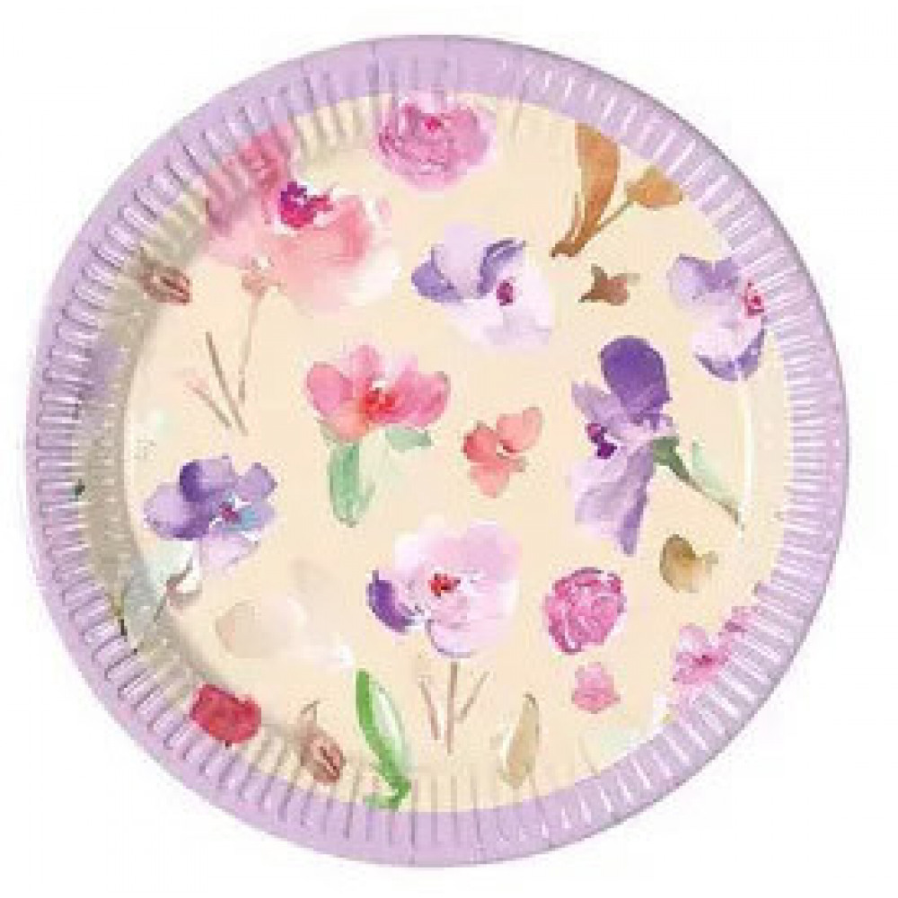 Akvarell Blommor, papperstallrik 20cm