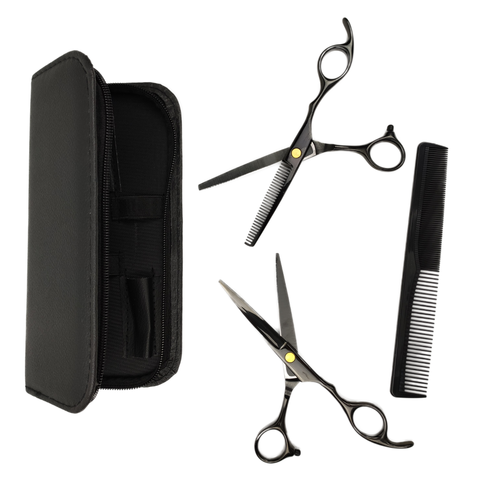 Pro Hairdresser Set: Black Scissors - 4 pieces - Luxury + Free Apron - 5