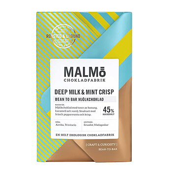 Malmö Chokladfabrik Deep Milk & Mint crisp, 45%, Ekologisk, 58 g