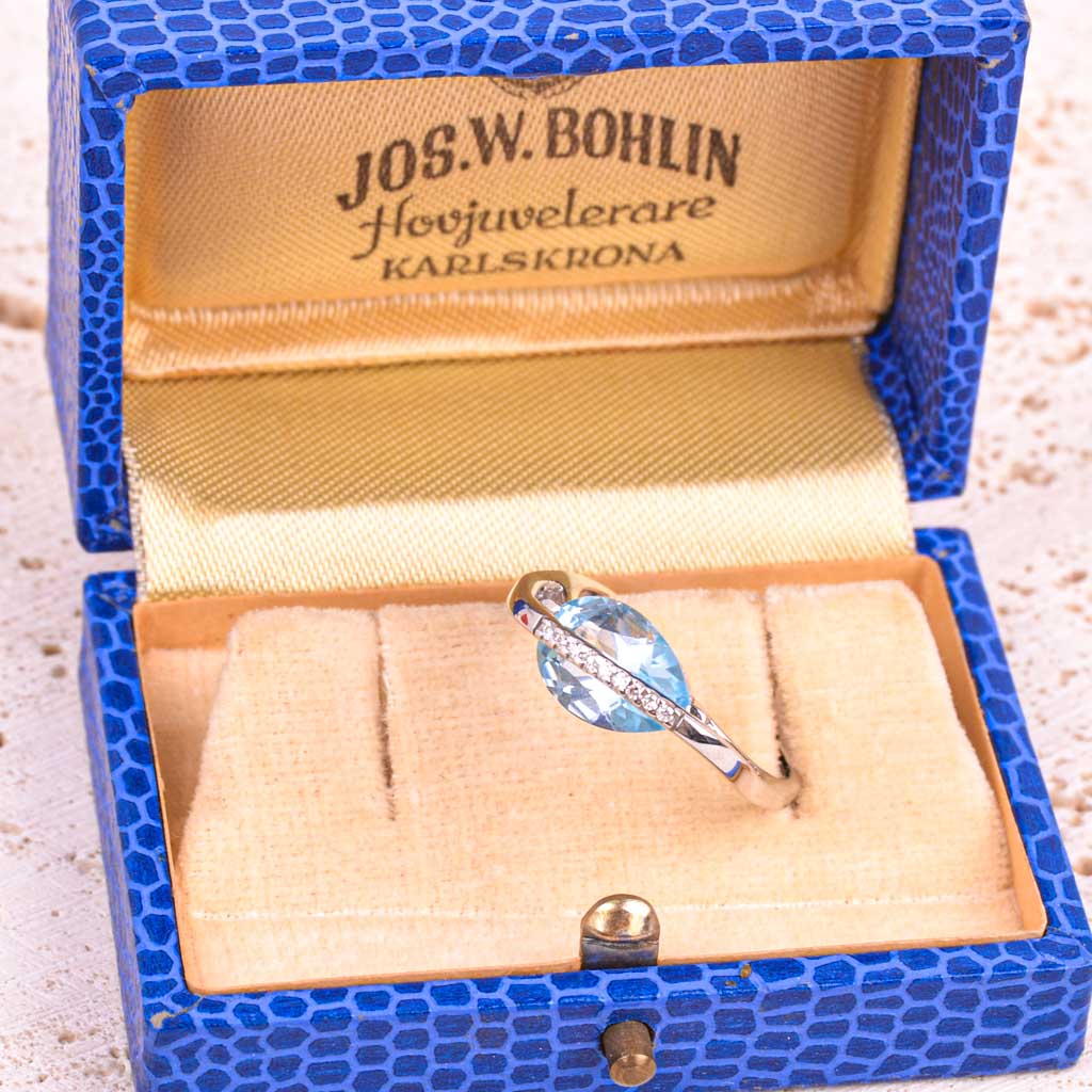 18k valkokulta sormus 0,045ct timantteja ja akvamariini, Vintage - 4