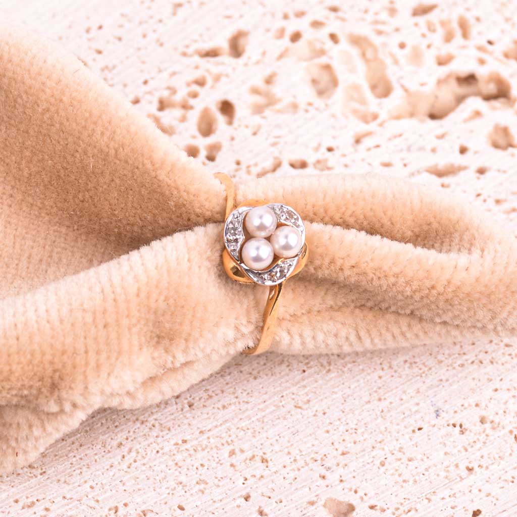 Guldring 18k 0.03ct diamanter 3 perler, Vintage - 4