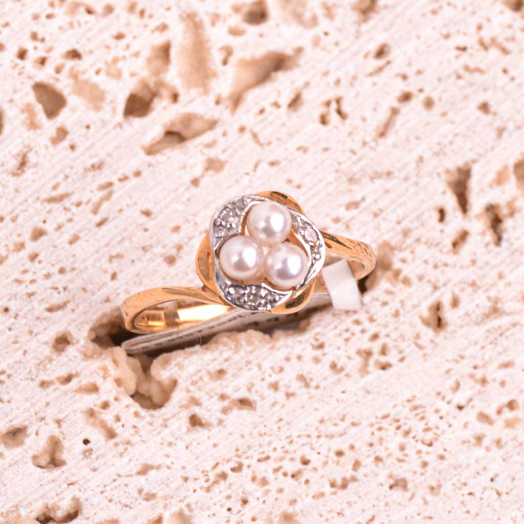 Guldring 18k 0.03ct diamanter 3 perler, Vintage - 3
