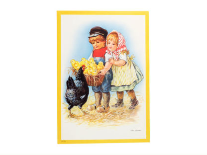 Påskbonad - Flicka och pojke med tupp och kycklingar