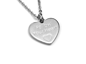 Hjärta med Follow Your Heart Text Halsband i Rostfritt Stål, Hjärtan Hänge, Kärlek Smycke