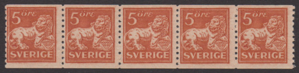F 141b, 5 öre Stående lejon femstrip **