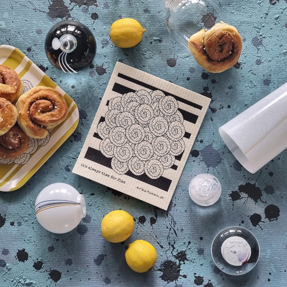 gåvoset FIKA CINNAMON BUN | KANELBULLE kökshandduk + disktrasa svart-vit - 5