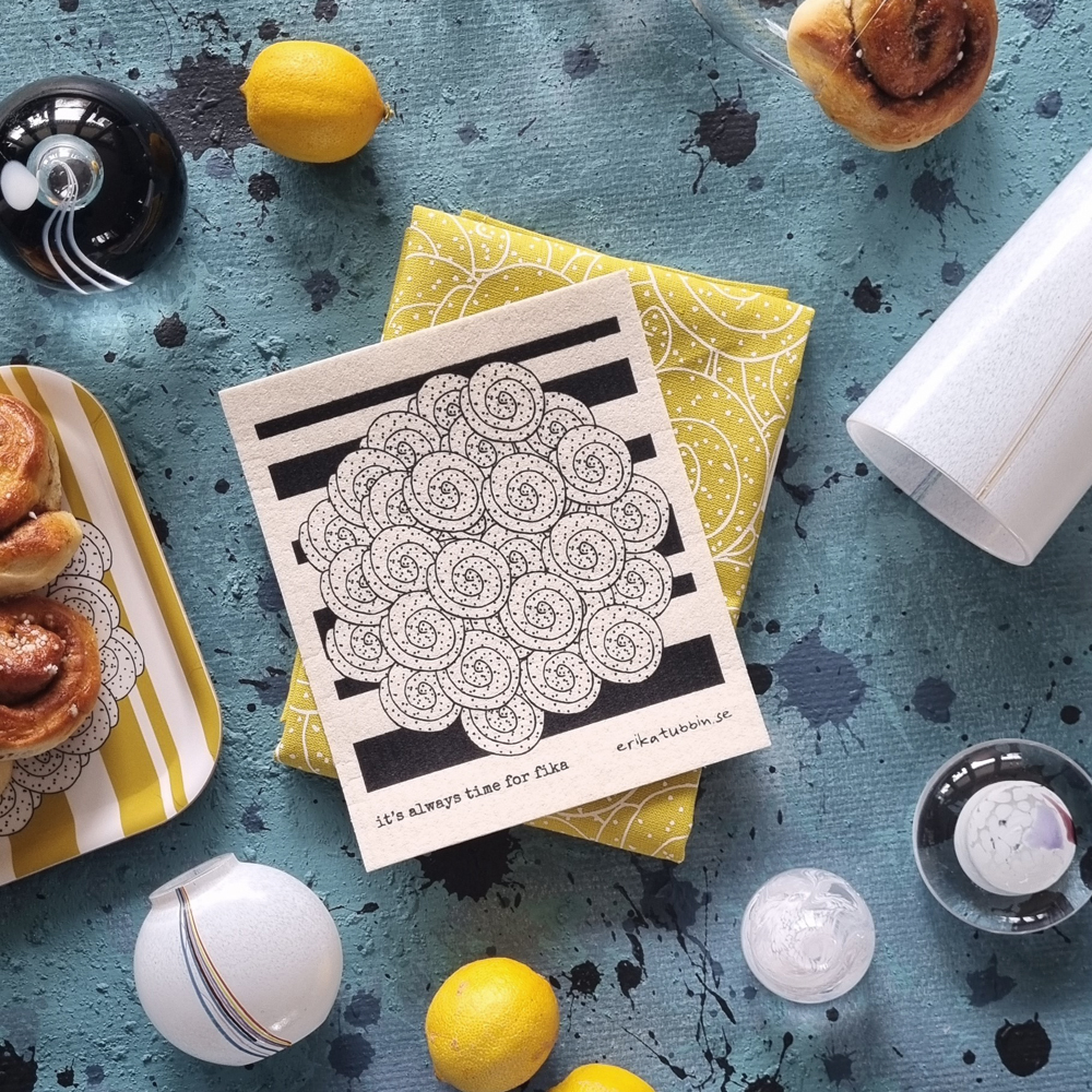giftset FIKA CINNAMON BUN tea towel + dishcloth yellow/white - 3