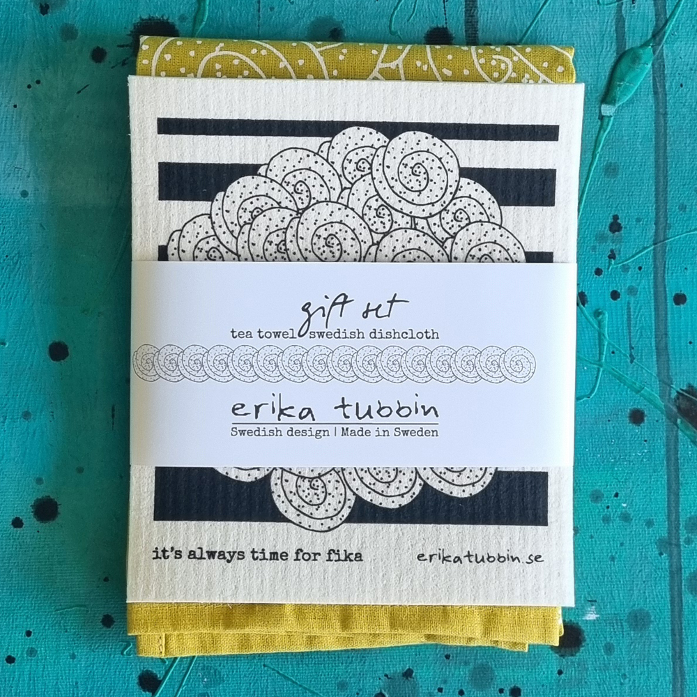giftset FIKA CINNAMON BUN tea towel + dishcloth yellow/white