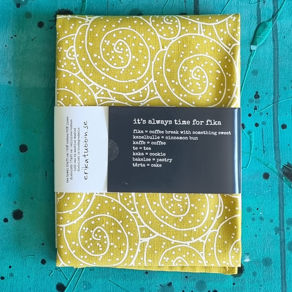 giftset FIKA CINNAMON BUN tea towel + dishcloth yellow/white - 2