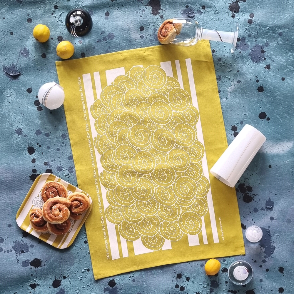 giftset FIKA CINNAMON BUN tea towel + dishcloth yellow/white - 4
