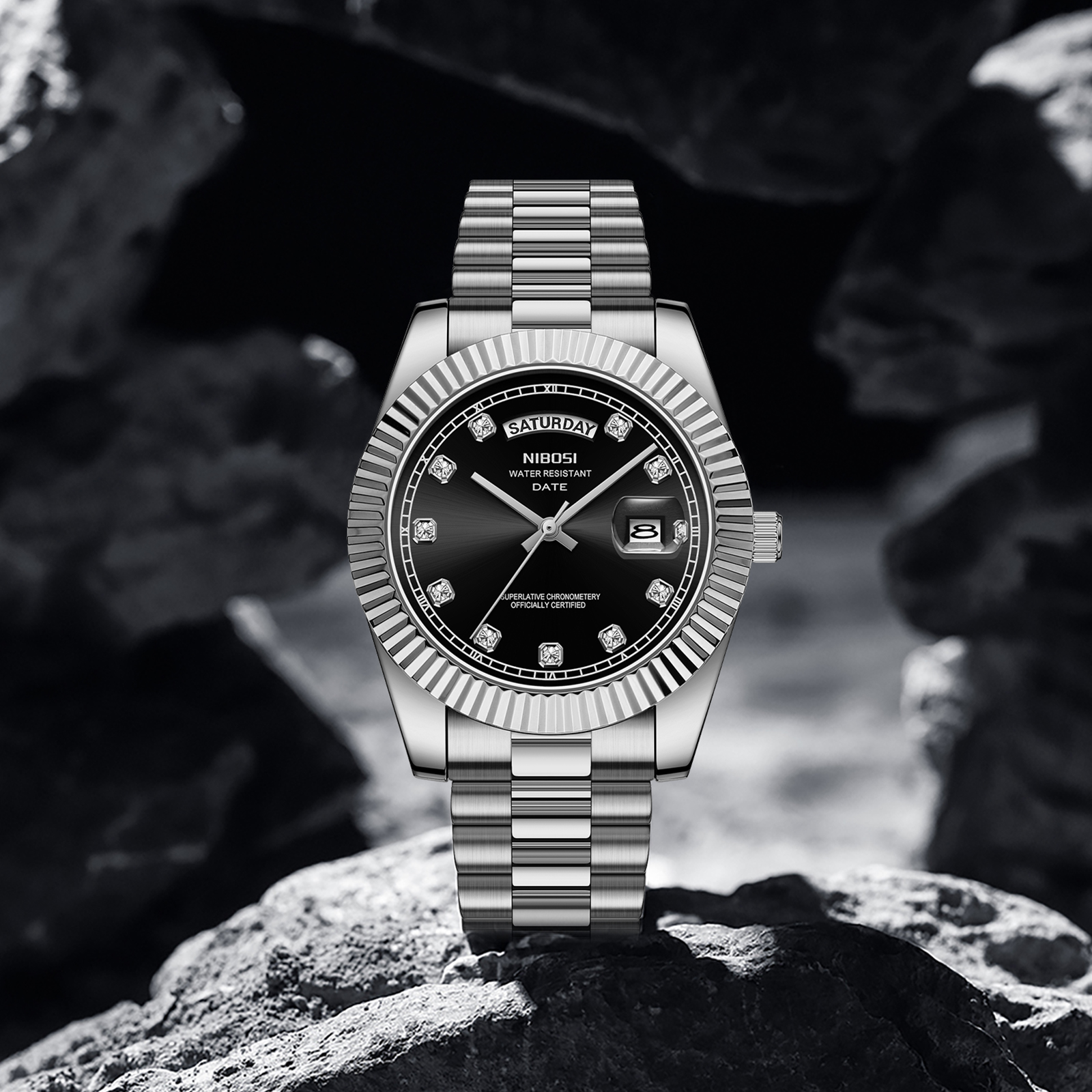 Nibosi Day-Date Silver Black - 9