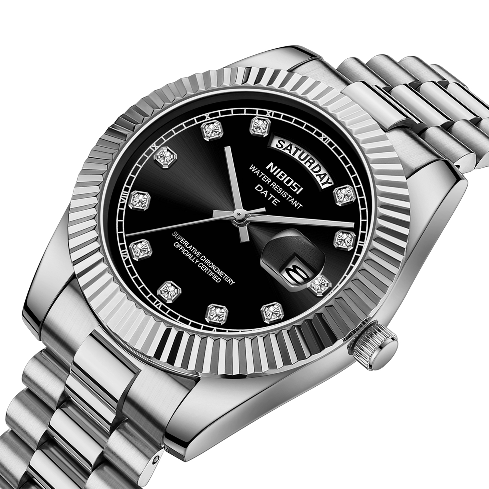 Nibosi Day-Date Silver Black - 2