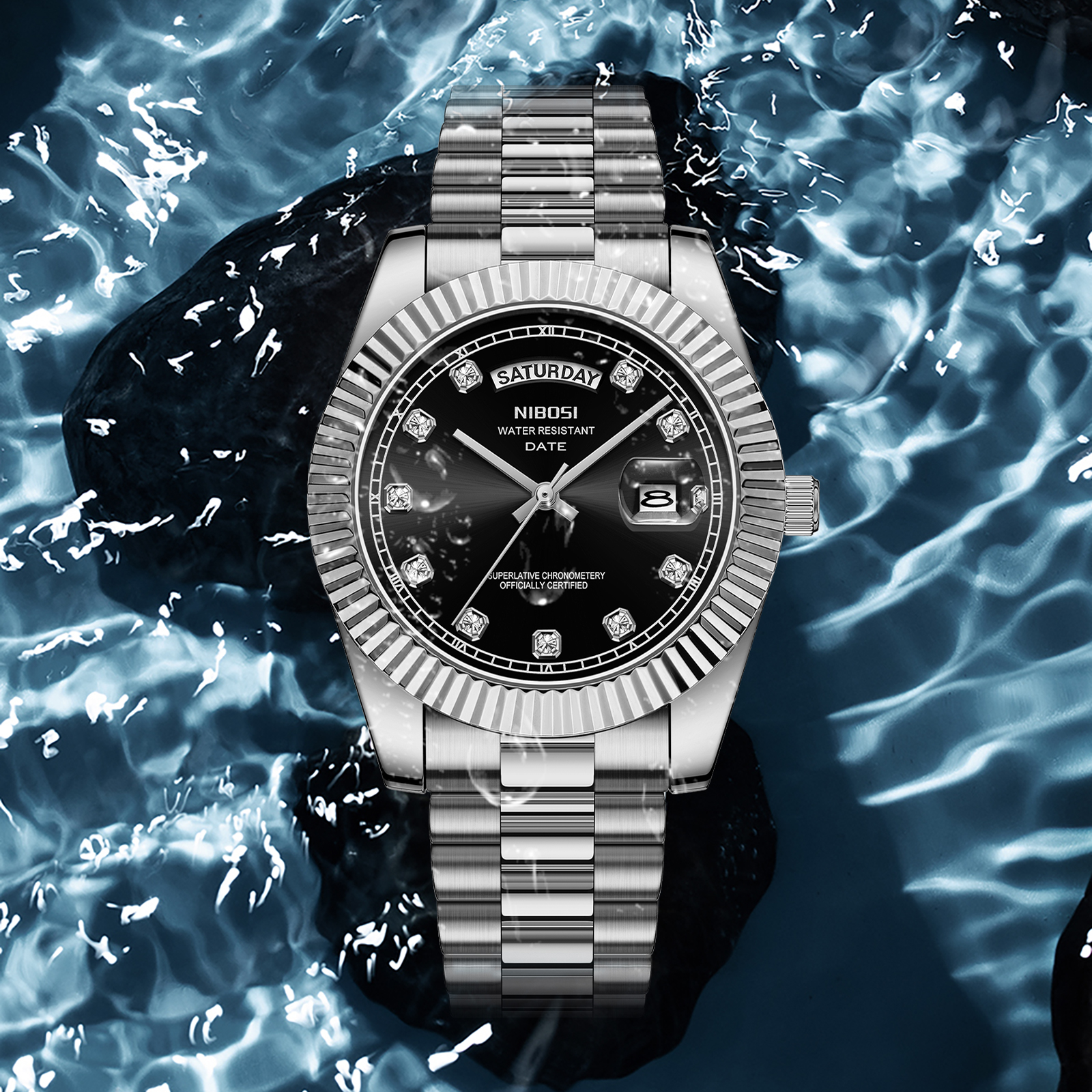 Nibosi Day-Date Silver Black - 7