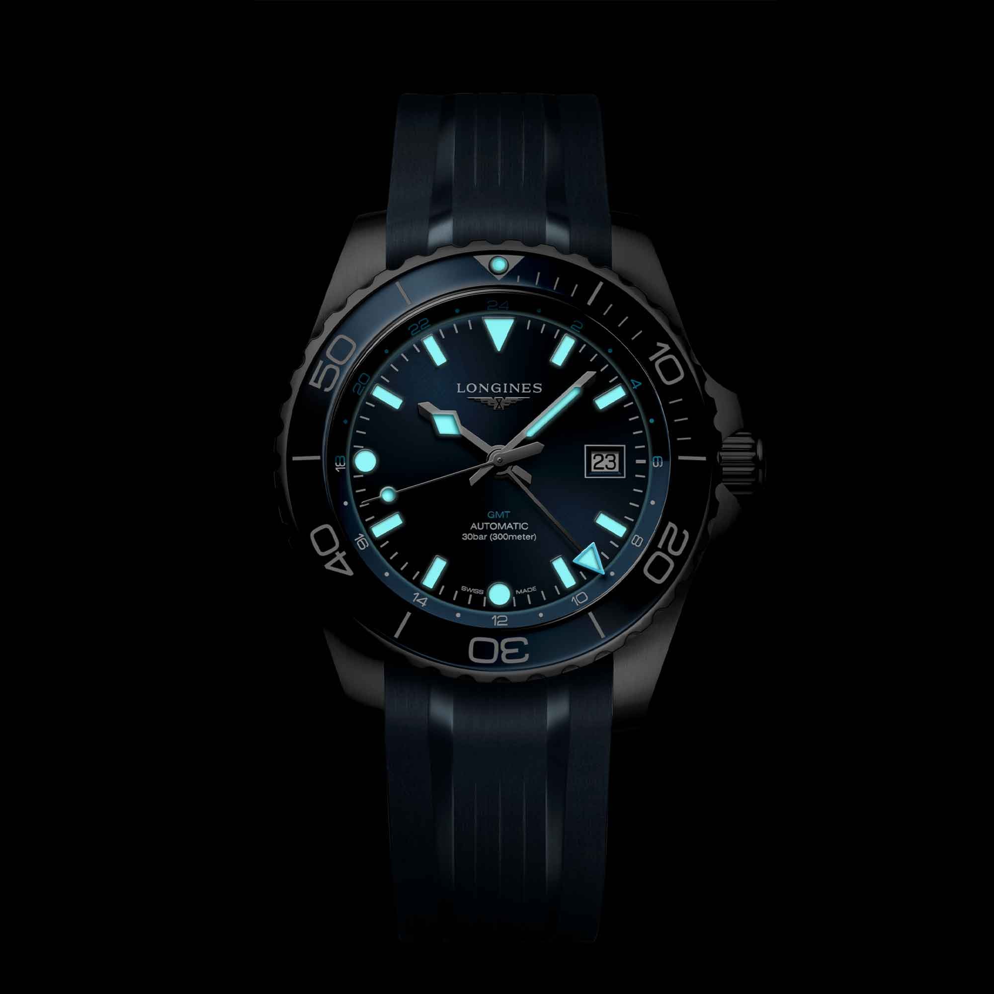 L3.890.4.96.9 Longines Hydroconquest GMT 43 blå gummiband