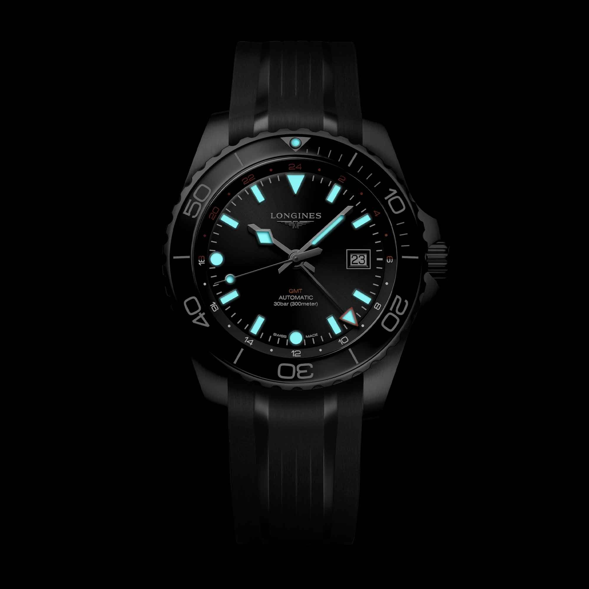 L3.890.4.56.9 Longines Hydroconquest GMT 43 svart gummiband
