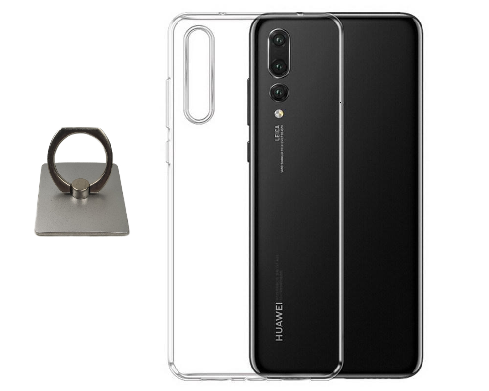 Huawei P20 Skal & Fyrkantig Fingerhållare - Skydd och Komfort - Silver