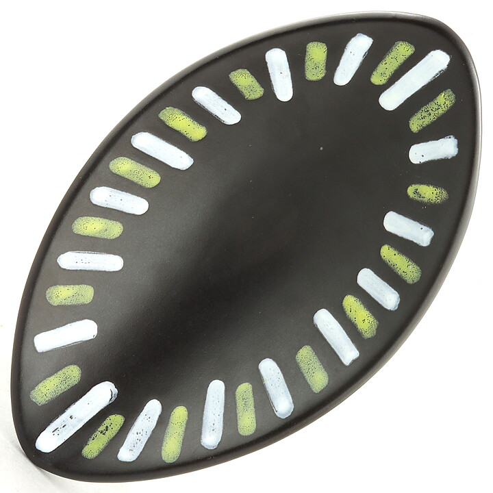 Hjördis Oldfors (Trio 1954) Black Lens-Formed Bowl with White/Yellow Decor 25 cm