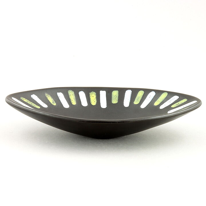 Hjördis Oldfors (Trio 1954) Black Lens-Formed Bowl with White/Yellow Decor 25 cm