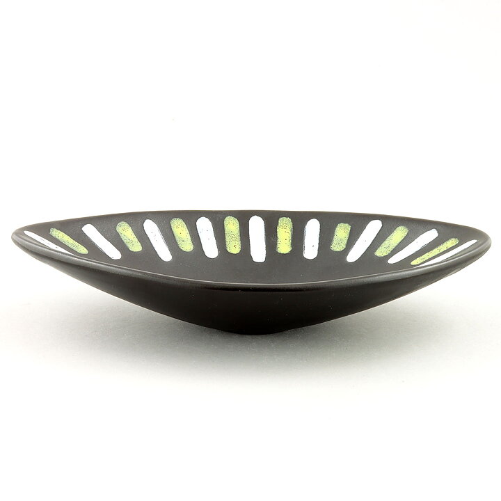 Hjördis Oldfors (Trio 1954) Black Lens-Formed Bowl with White/Yellow Decor 25 cm